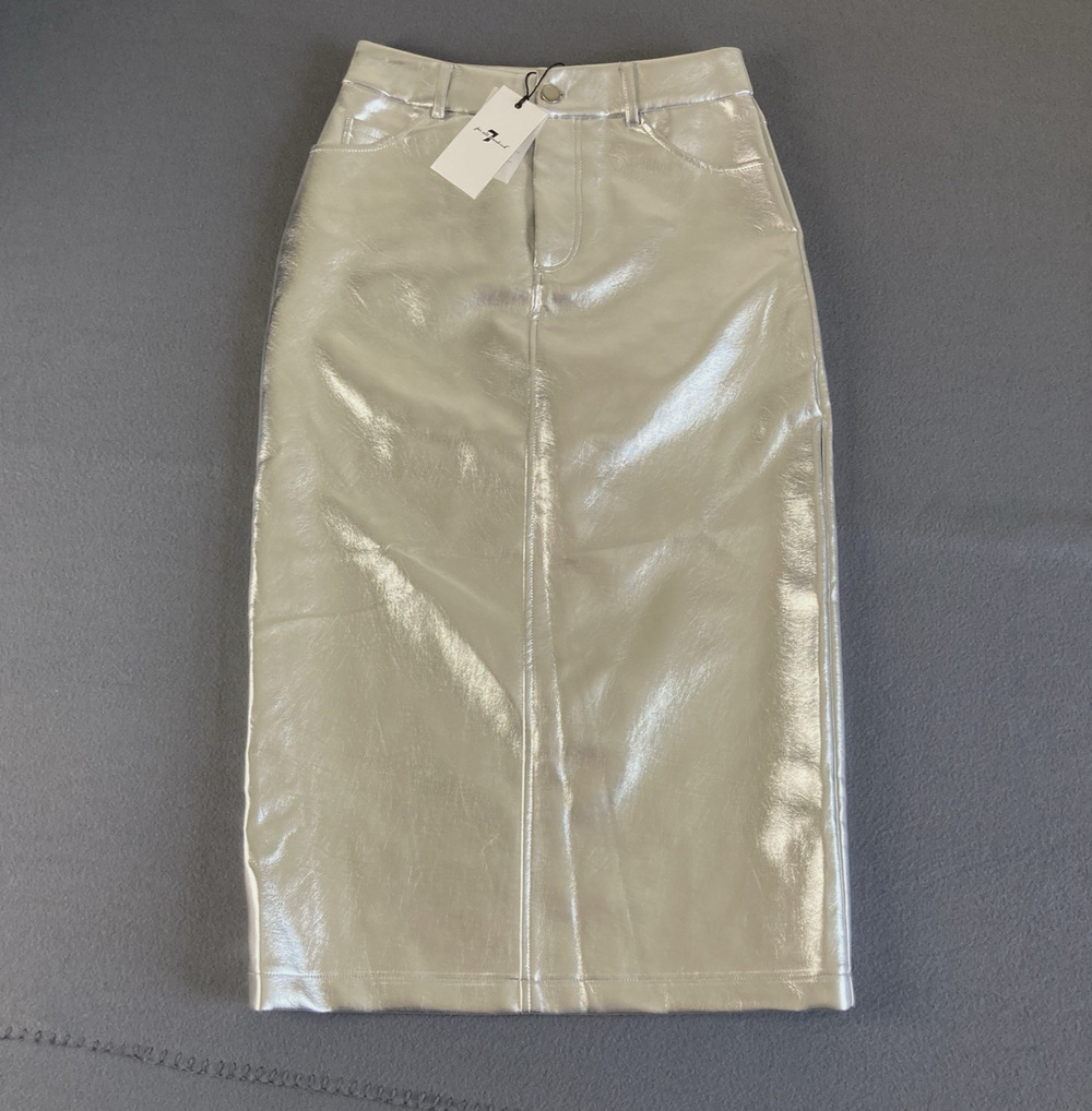 7 For All Mankind Womens Faux Leather Midi Pencil Skirt Small Silver Pockets NEW